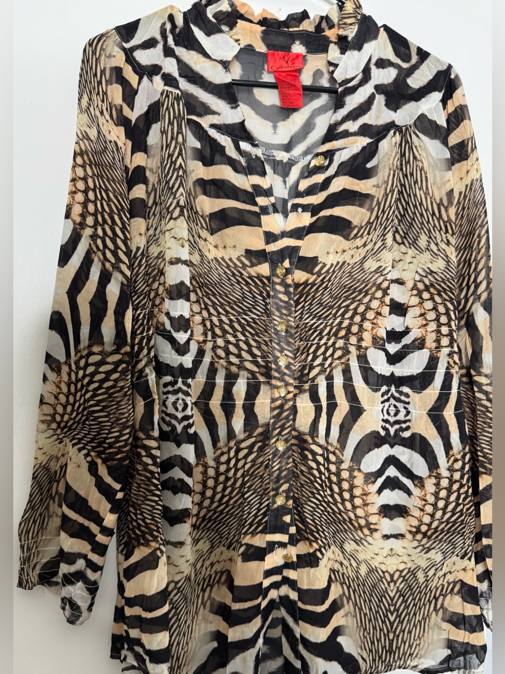 Women's Animal-Print Button-Down Shirt - Black & Tan loose size large